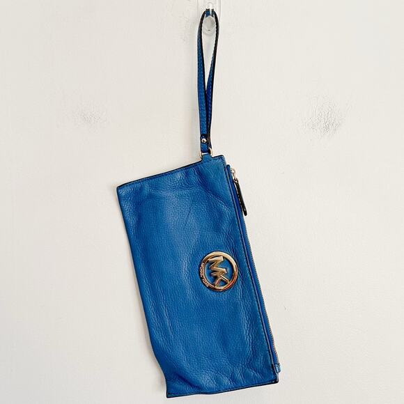 Michael Kors Pebbled Leather Zip Wallet Wristlet Blue - Picture 2 of 8